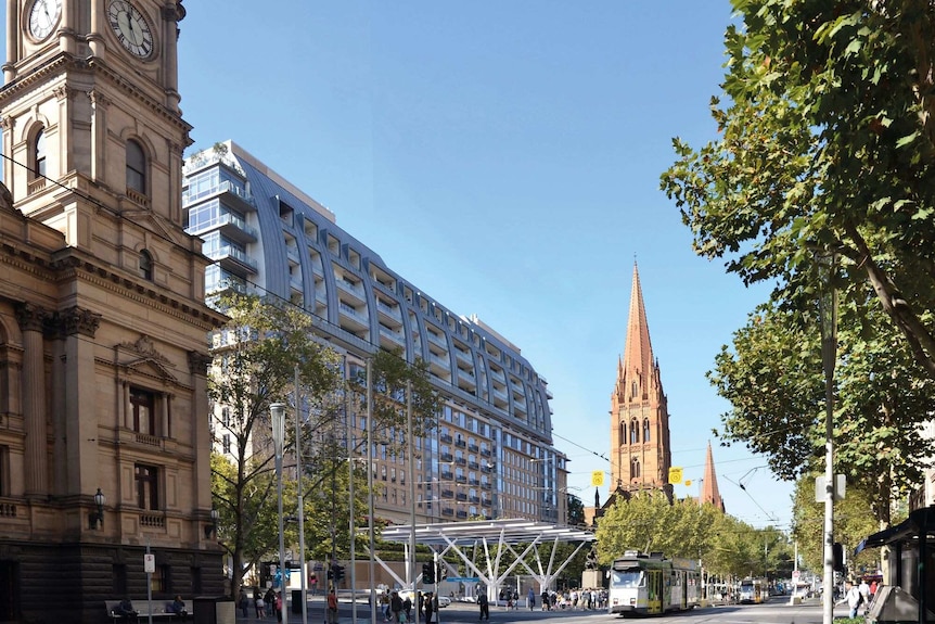 An artist impression of the entrance to the new Town Hall Station from Swanston St with an alcove at City Square.