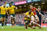 Tevita Kuridrani scores a try for the Wallabies against Wales in Cardiff on November 5, 2016.