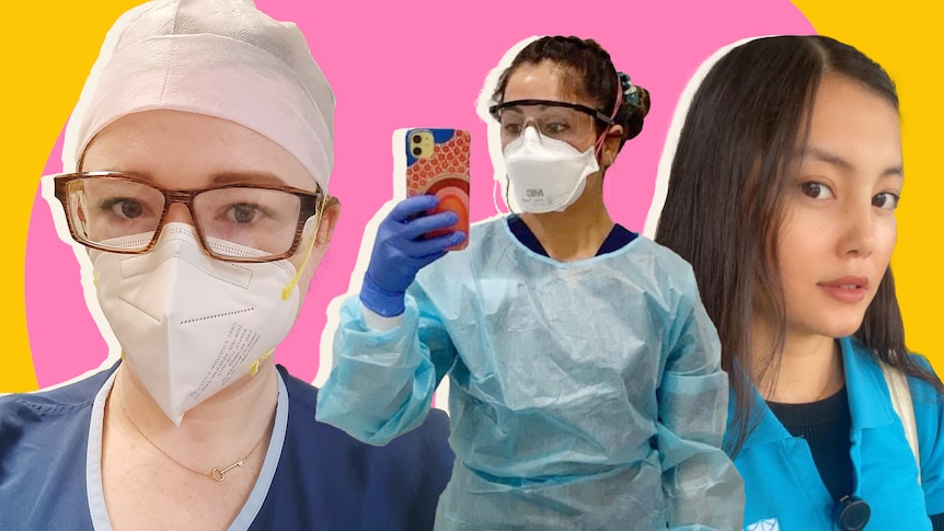 Leesa, wearing a mask and glasses, Valeria, who takes a selfie in PPE, and Alina, who has long dark hair, both wear scrubs.