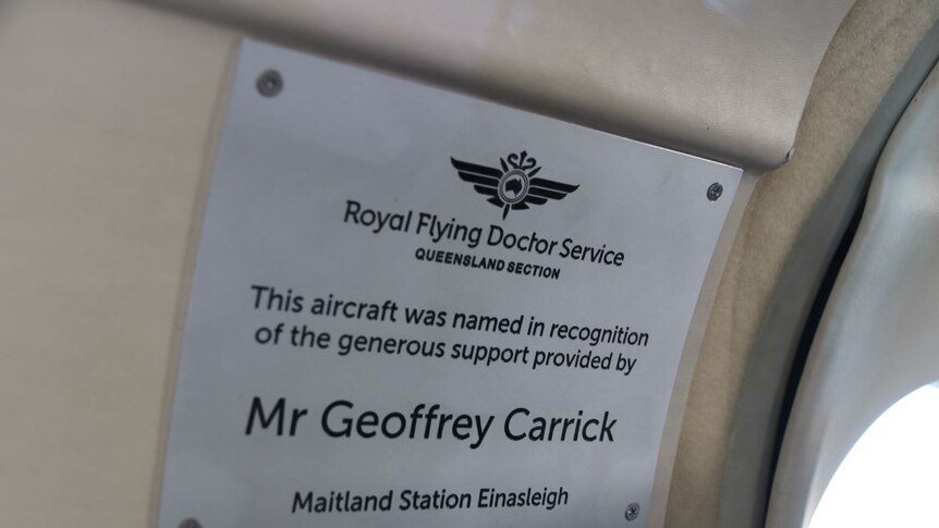 Close-up of RFDS plaque acknowledging Geoffrey Carrick's generous support.