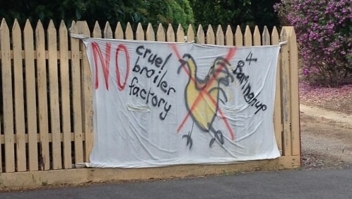 A poster campaigning against chicken broiler farm plans in Baringhup.