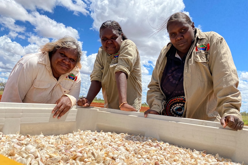 Three ladies from the NT standing in front of a garlic bin.