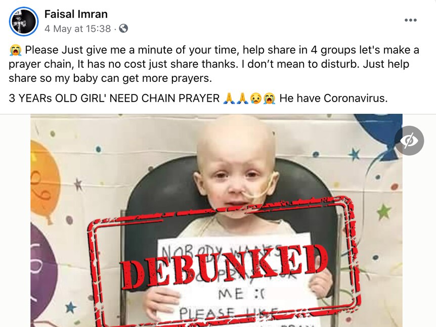Facebook post with a photo of a sick child with a large debunked stamp on top