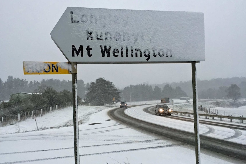 Sign covered with snow near Hobart