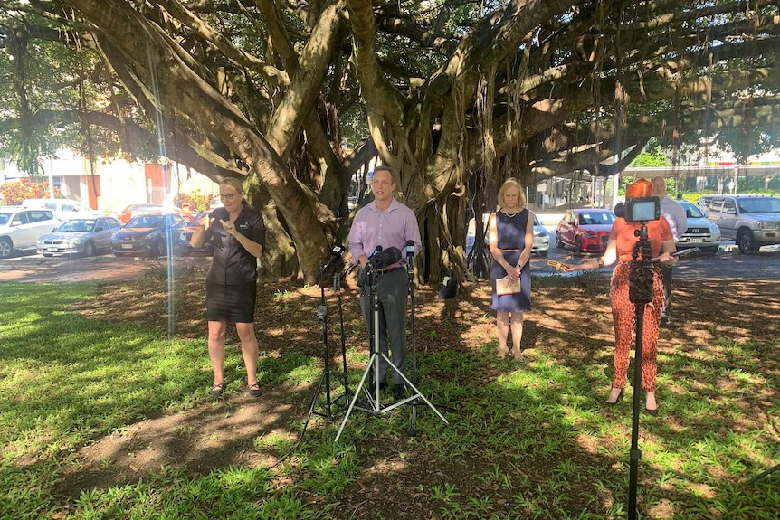 Health Minister Steven Miles at a press conference with Chief Health Officer Jeannette Young in Cairns on April 2, 2020
