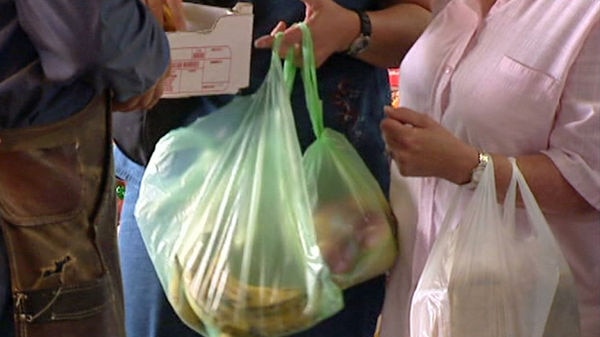 Unidentified shopper carries plastic bag filled with fruit