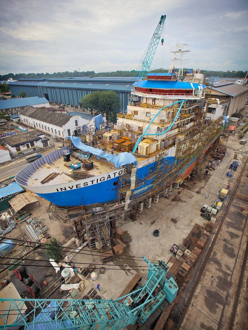 The CSIRO's new purpose-built research vessel Investigator is taking shape in Singapore.