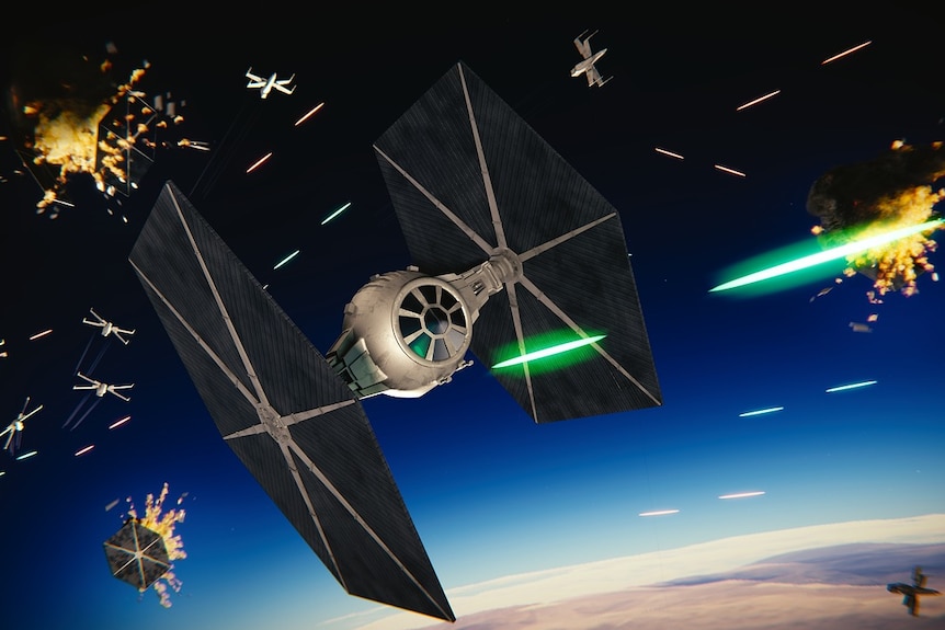 An artist's impression of space craft firing lasers and crashing into each other.