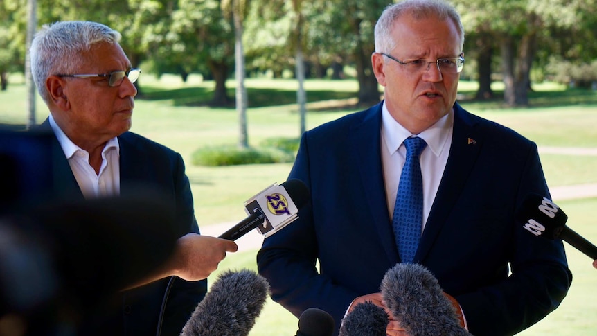 Warren Mundine (left) and Scott Morrison (right) speak at a press conference on the New South Wales South Coast.