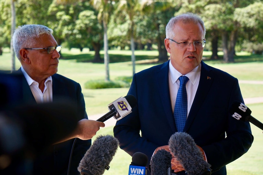 Warren Mundine (left) and Scott Morrison (right) speak at a press conference on the New South Wales South Coast.