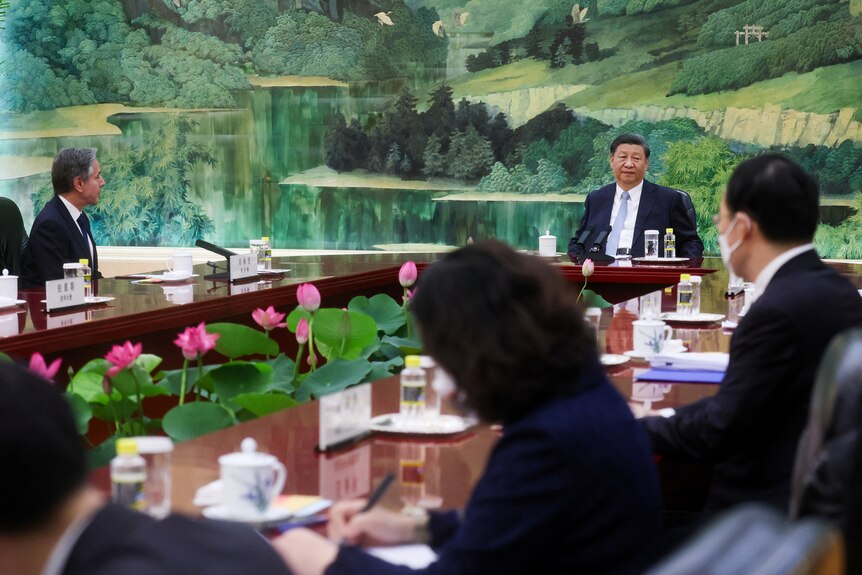 Chinese President Xi Jinping meets with US Secretary of State Antony Blinken in the Great Hall.