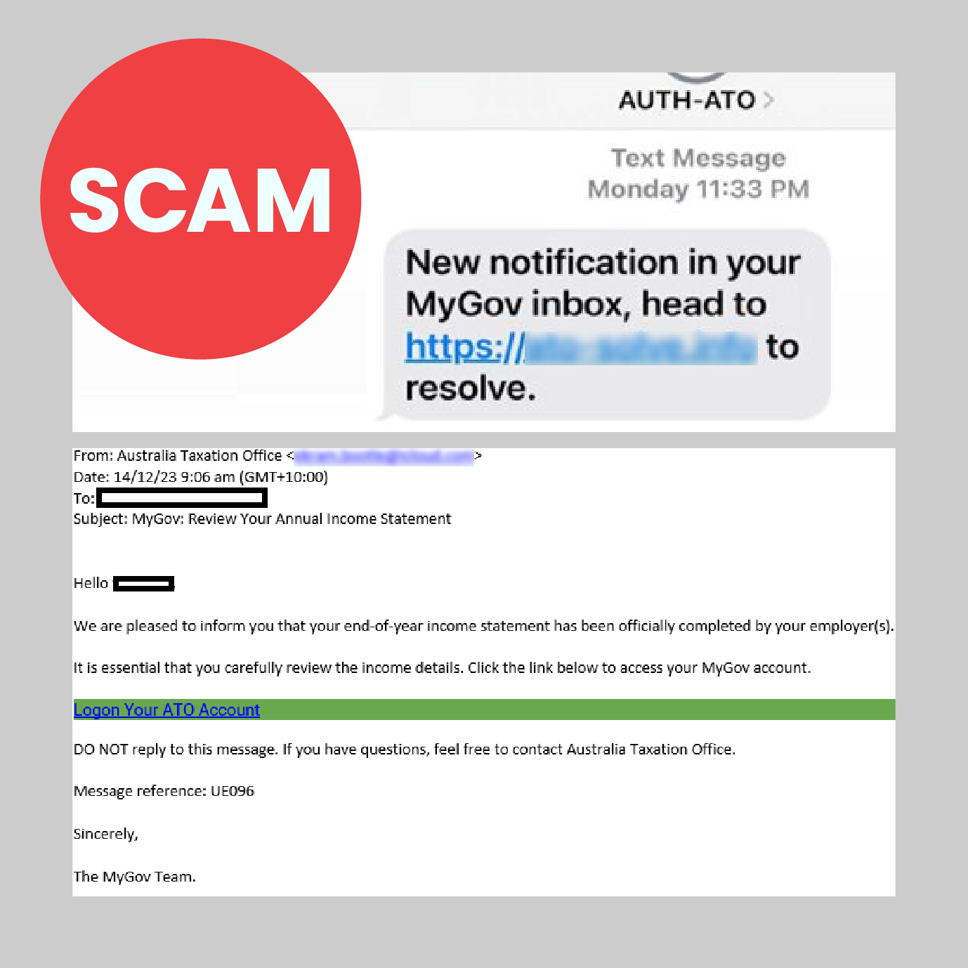 Two screenshots of a scam text message and a scam email claiming to be my from myGov with the word "scam" stamped on it
