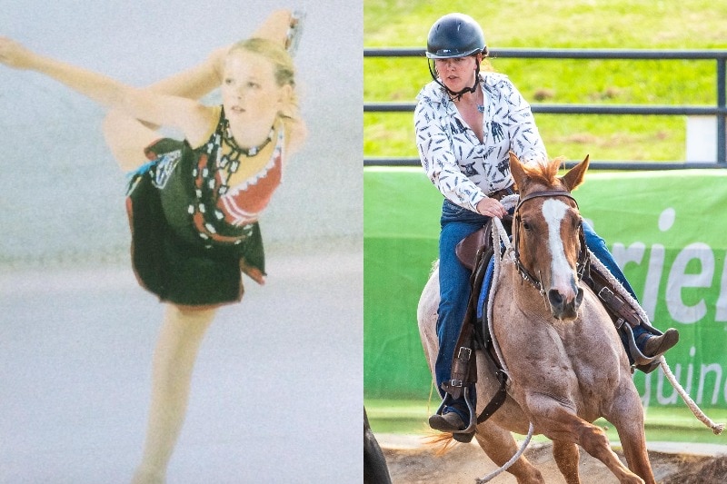 A composite image of a young woman on the left ice-skating and on the right on horseback.