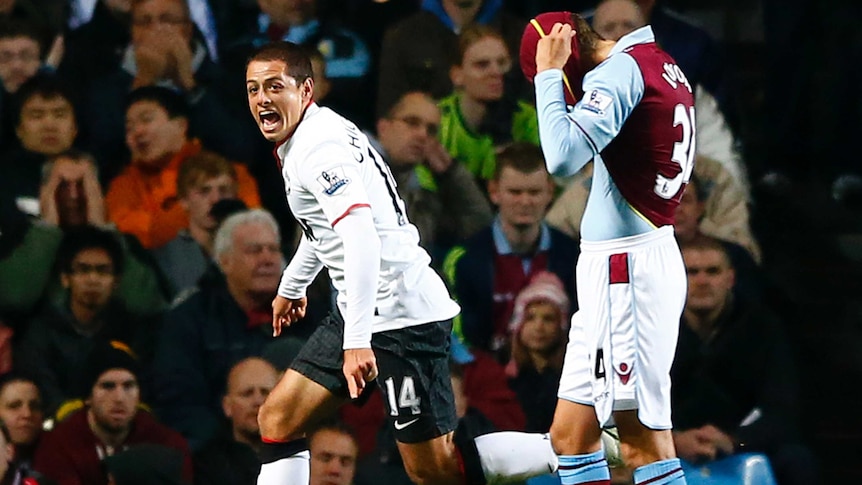 At the double ... Javier Hernandez (L) scored a brace to rescue United against Aston Villa.
