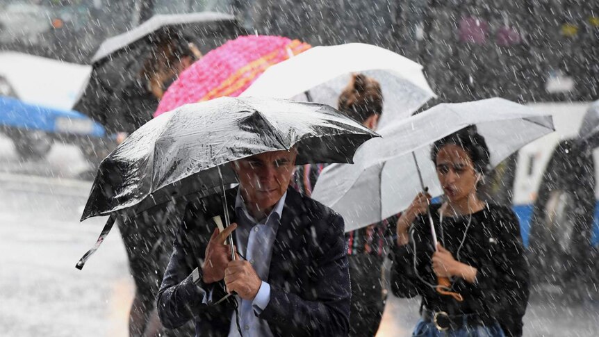 People cling onto umbrellas as heavy rain falls.