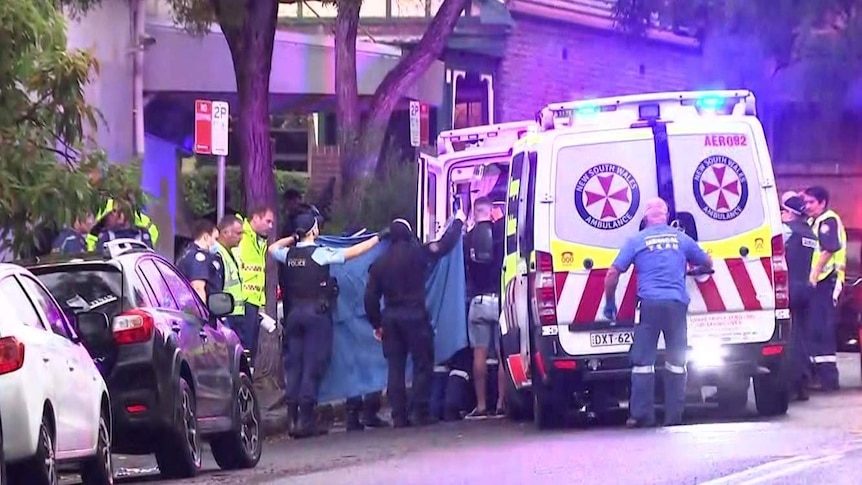 An injured person is placed into an ambulance as paramedics hold up sheets to cover the scene.