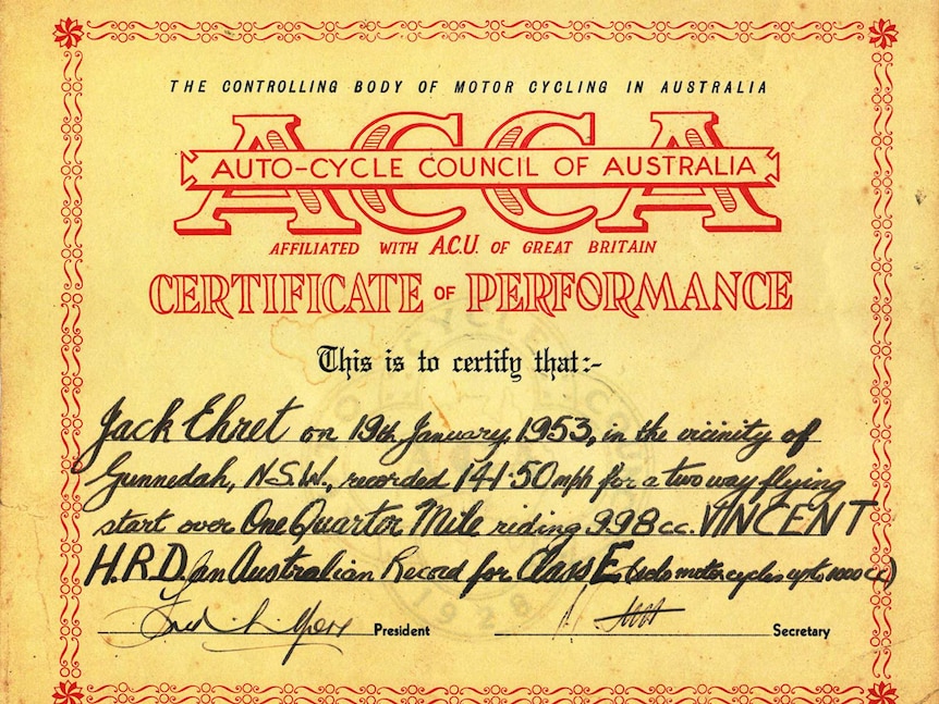 Auto-cycle Council of Australia certificate for Jack Ehret's land speed record set in 1953.