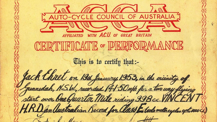 Auto-cycle Council of Australia certificate for Jack Ehret's land speed record set in 1953.