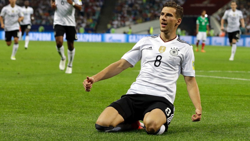 Germany's Leon Goretzka celebrates his goal against Mexico in the Confederations Cup semi-final.