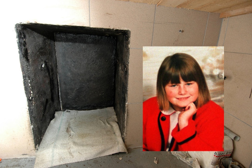 A photo of a cement door which has been removed from a wall with an inset of a little girl smiling