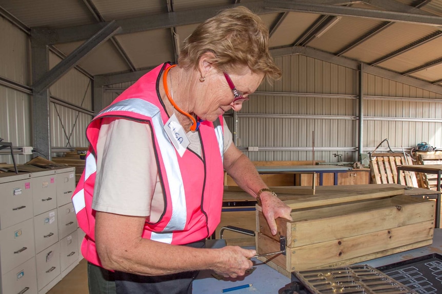 A woman in a fluoro pink vest using hand tools to make a box out of wood
