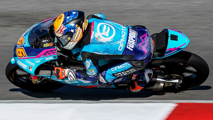 Joel Kelso rides his Moto3 bike