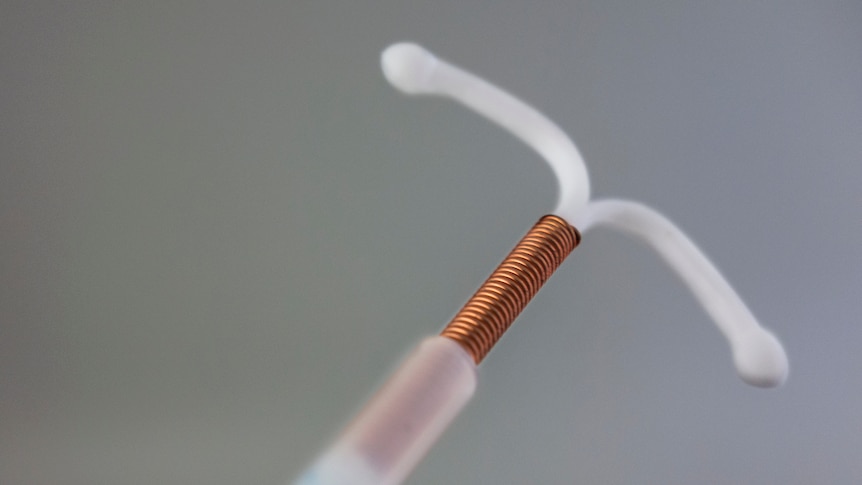 A close up of a copper and plastic IUD.