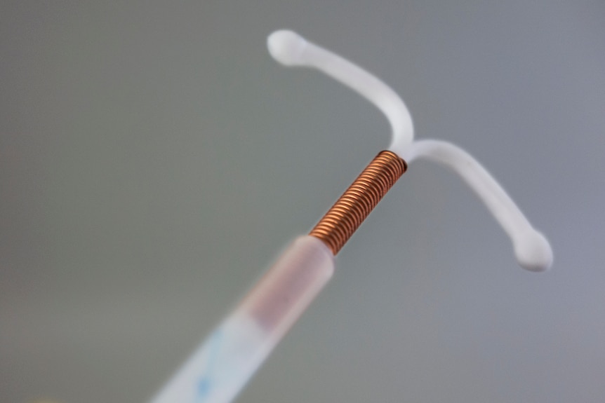 A close up of a copper and plastic IUD.