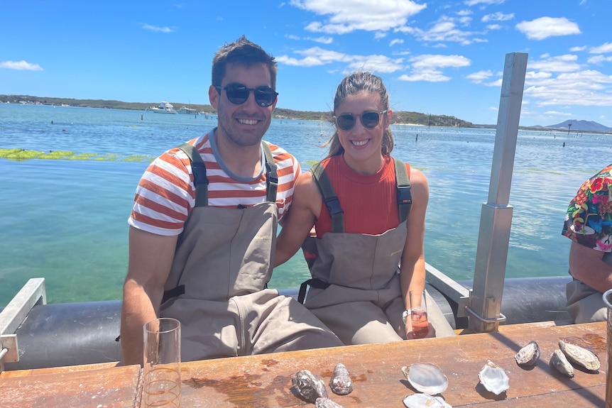 Newlyweds Ryan and Emma Jeffries at Coffin Bay.