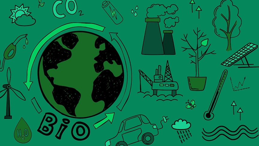 Various environmental and weather related icons. An icon of Earth is the most prominent.