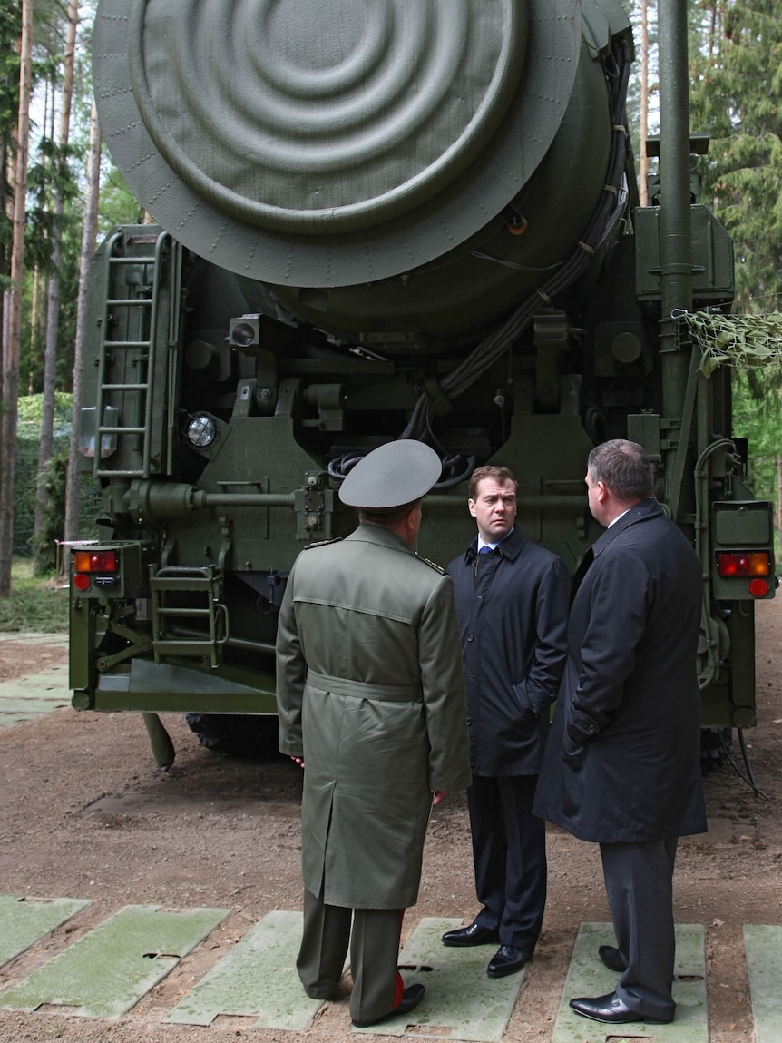 Russian president Dmitry Medvedev inspects Topol-M rockets.