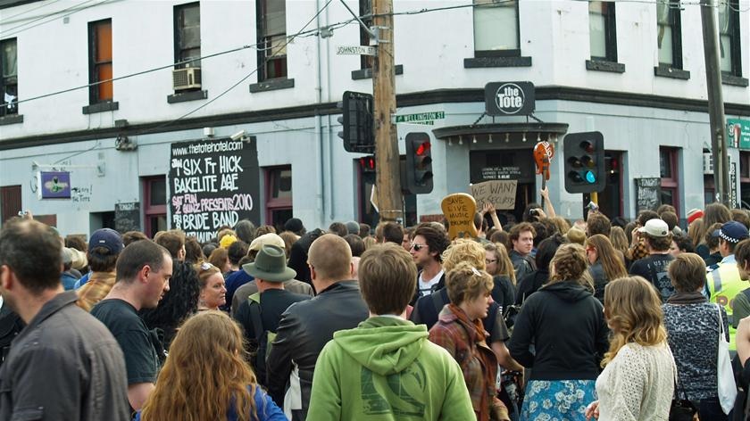 A rally outside the Tote Hotel to protest its closure attracted more than 2000 people