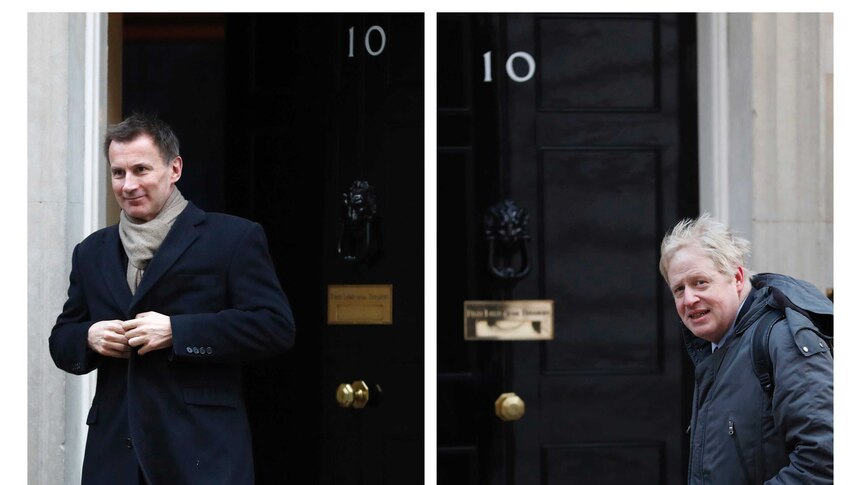 This combo image shows Jeremy Hunt and Boris Johnson are pictured outside 10 Downing Street.
