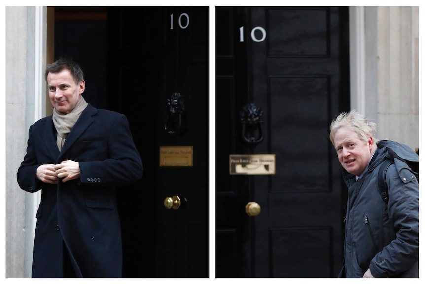 This combo image shows Jeremy Hunt and Boris Johnson are pictured outside 10 Downing Street.