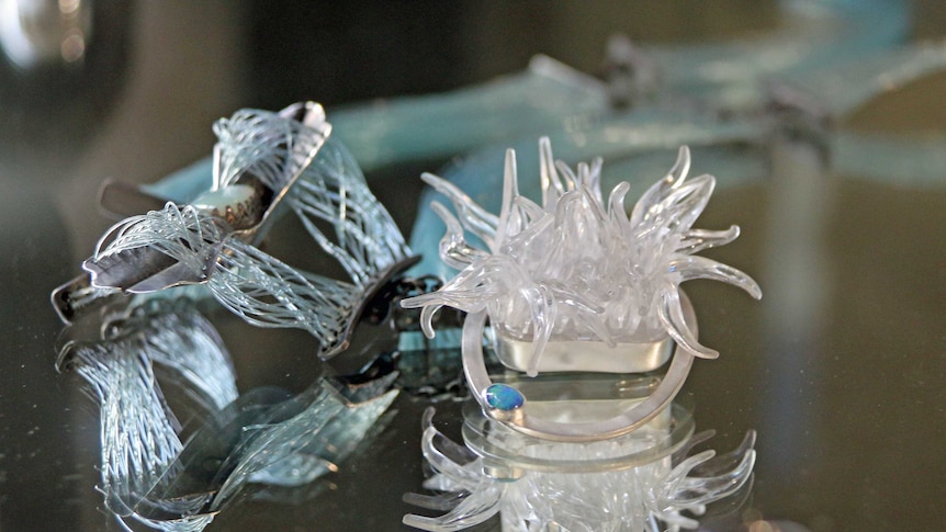 Jewellery is among the works in the exhibition referencing the toll of plastic pollution on seabirds.