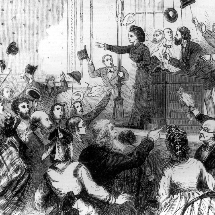 drawing of a Victorian era Victoria Woodhull on stage at a campaign rally with  women and men who are throwing hats in the air