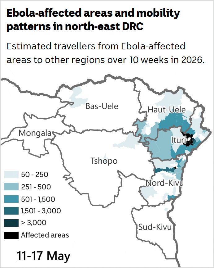 A dissolving map graphic showing a growing number of people having left Ituri for nearby regions.