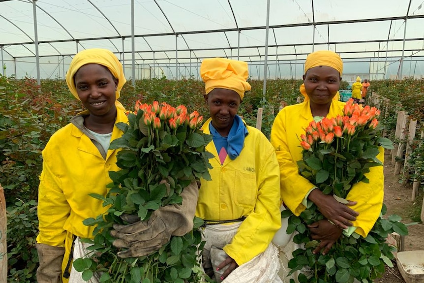 Three women dressed in yellow work suits holding roses.