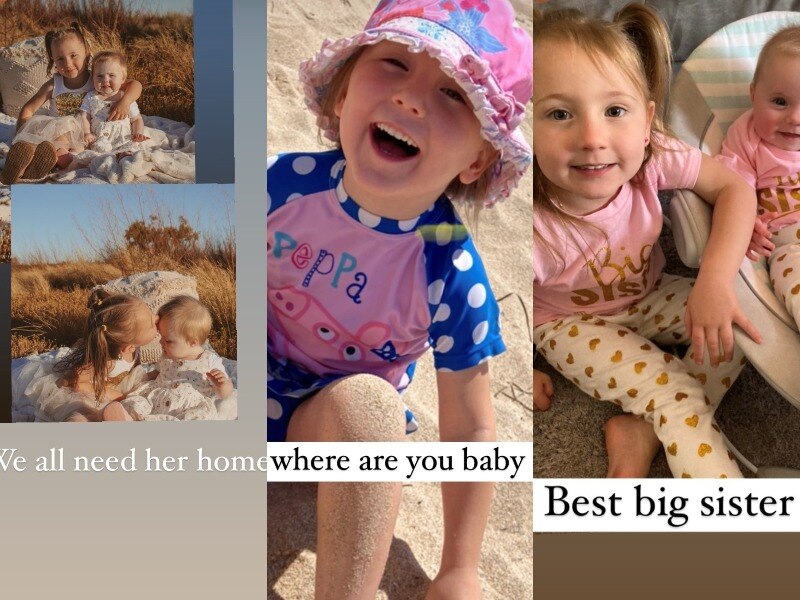 Three images of Cleo Smith, tow with her little sister