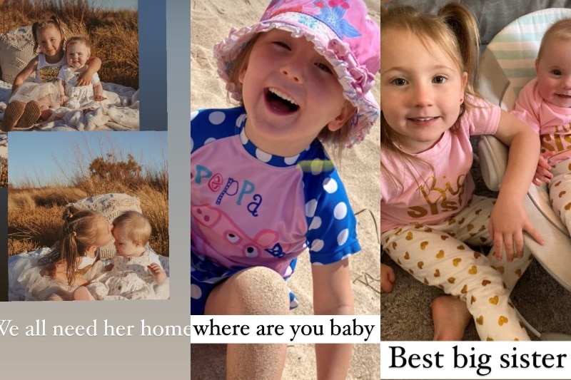 Three images of Cleo Smith, tow with her little sister