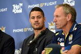 Former Parramatta Eels player Jarryd Hayne speaks to media at a Gold Coast Titans press conference.