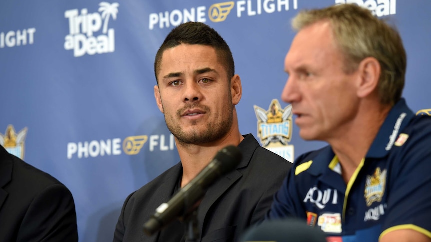 Former Parramatta Eels player Jarryd Hayne speaks to media at a Gold Coast Titans press conference.