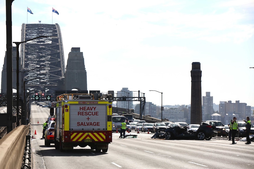 Smashed car and the bridge in the background