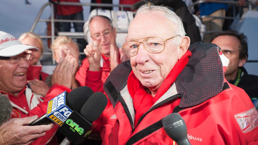 Bob Oatley in Hobart after winning the 2010 Sydney to Hobart race with Wild Oats XI.