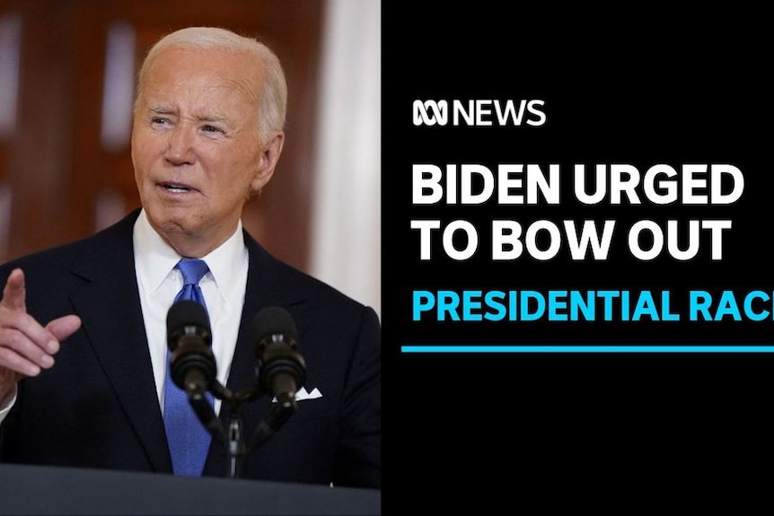Biden Urged to Bow Out, Presidential Race: President Joe Biden points a finger while speaking at a podium with micropones.