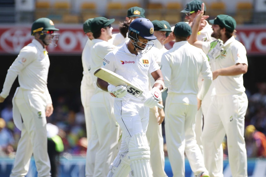 Sri Lanka's Dinesh Chandimal (centre) walks off the Gabba with head down after losing his wicket.