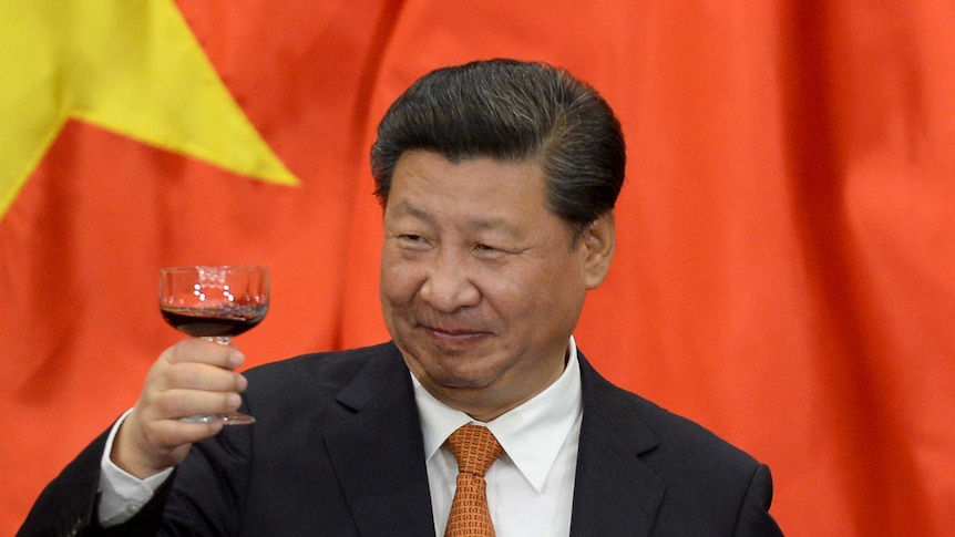 中国国家主席习近平站在中国国旗前举起一杯酒