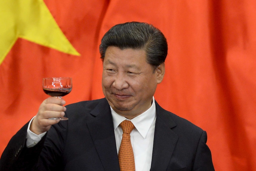 Chinese President Xi Jinping raises a glass of wine while standing in front of a Chinese flag