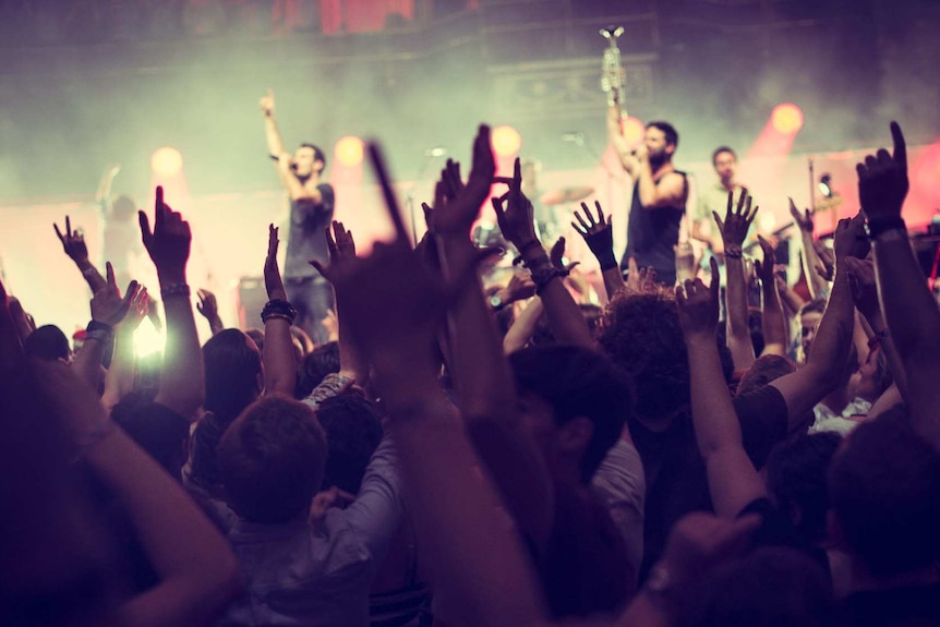 A crowd has their hands in the air as they watch The Cat Empire performing on stage