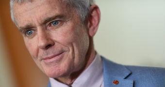 Malcolm Roberts reacts during a press conference at Parliament House in Canberra.